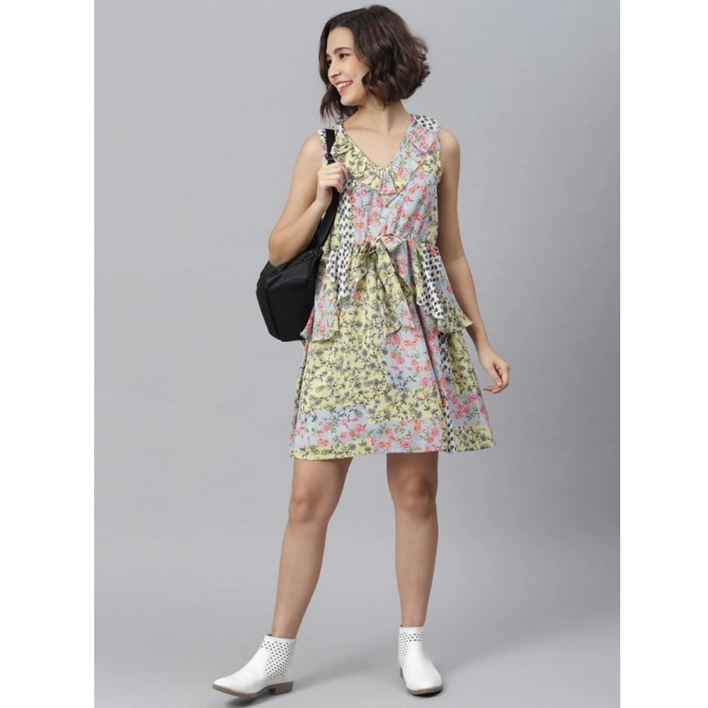 Indoraa Women's Polyester Peplum Sleeveless Above Knee Dress (Multicolor)