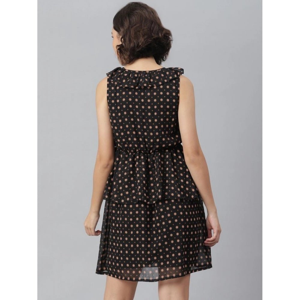 Indoraa Women's Polyester Peplum Sleeveless Above Knee Dress (Black)