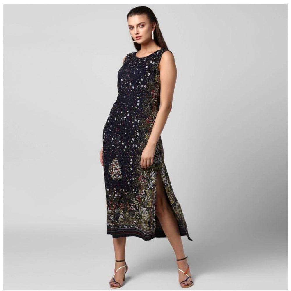 Indoraa Women's Rayon Floral Sleeveless Calf-length Dress (Black)