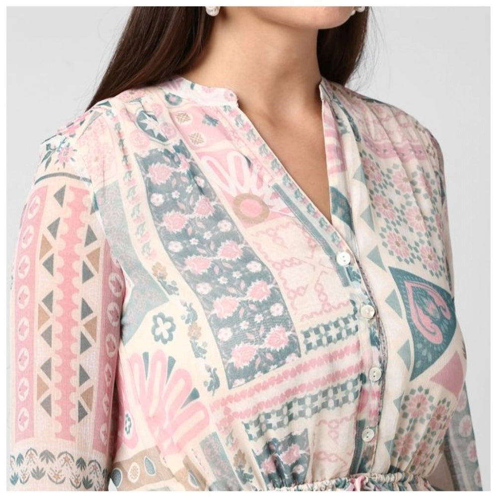 Indoraa Women's Polyester Printed Long Sleeves Above Knee Dress (Light Pink - Off White)