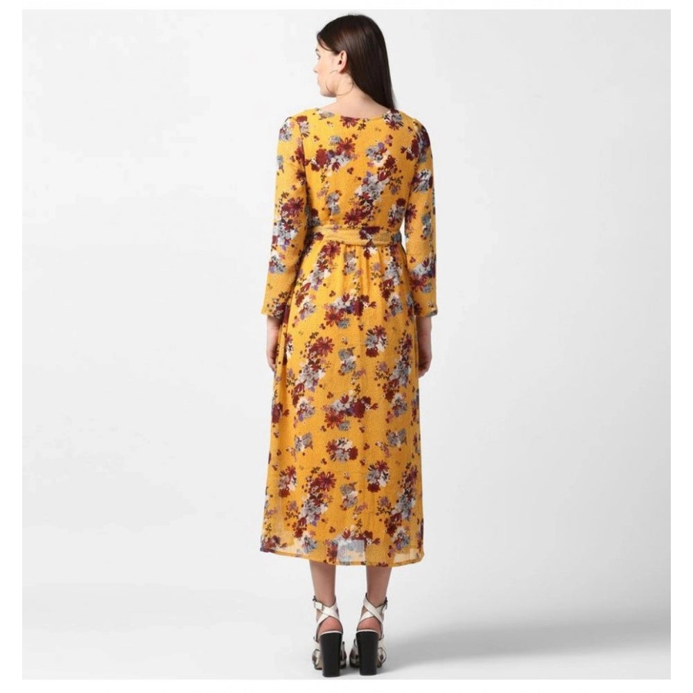 Indoraa Women's Polyester Floral Long Sleeves Calf-length Dress (Yellow)