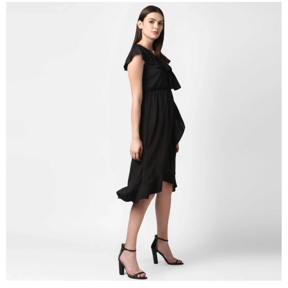 Indoraa Women's Polyester Ruffled Cap Sleeve Knee-Length Dress (Black)