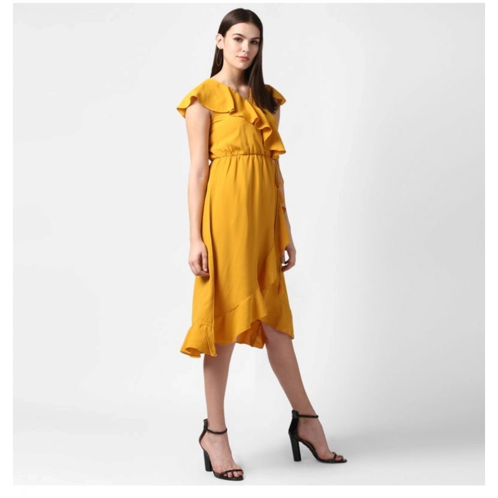 Indoraa Women's Polyester Ruffled Cap Sleeve Knee-Length Dress (Yellow)