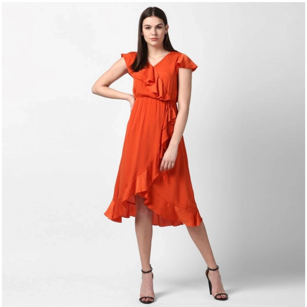 Indoraa Women's Polyester Ruffled Cap Sleeve Knee-Length Dress (Orange)