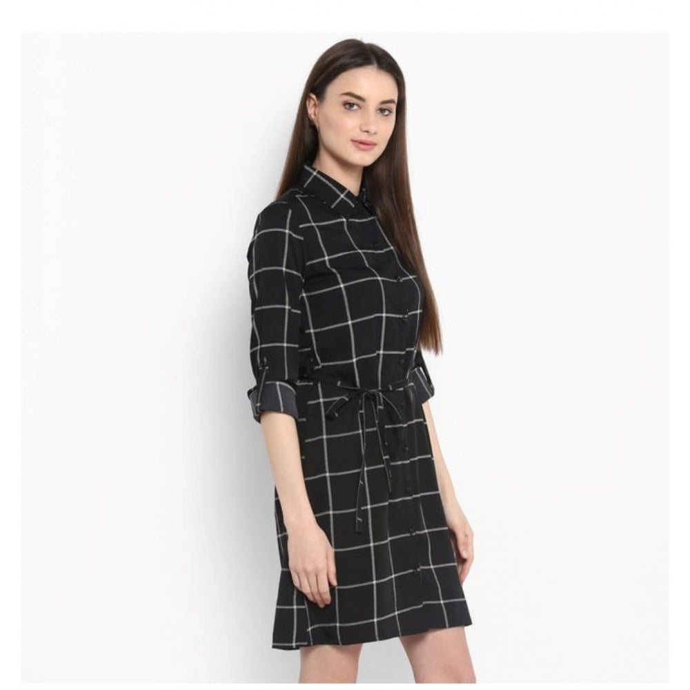 Indoraa Women's Polyester Checkered Roll Up Sleeve Above Knee Dress (Black - White)