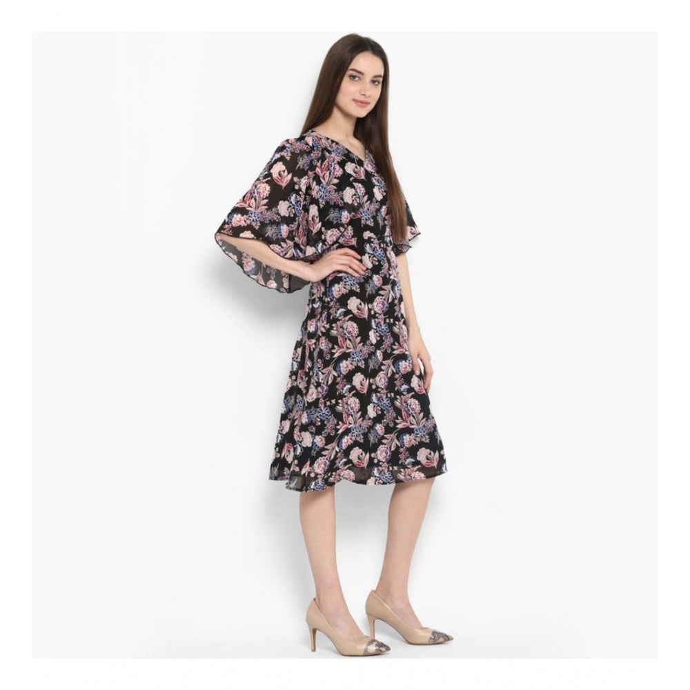 Indoraa Women's Polyester Floral Short Sleeve Knee-Length Dress (Black - Multicolor)