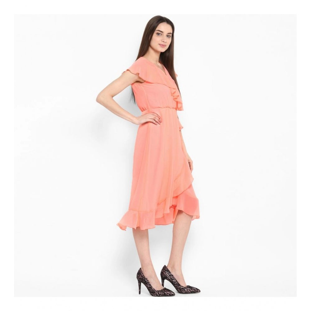 Indoraa Women's Polyester Ruffled Cap Sleeve Below Knee Dress (Neon Pink)