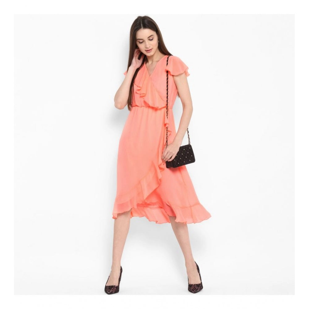 Indoraa Women's Polyester Ruffled Cap Sleeve Below Knee Dress (Neon Pink)
