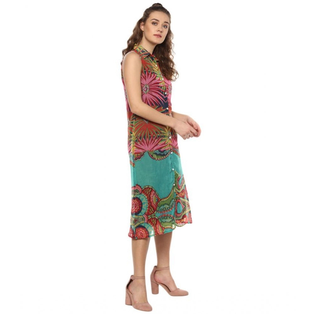Indoraa Women's Polyester Floral Sleeveless Below Knee Dress (Multicolor)