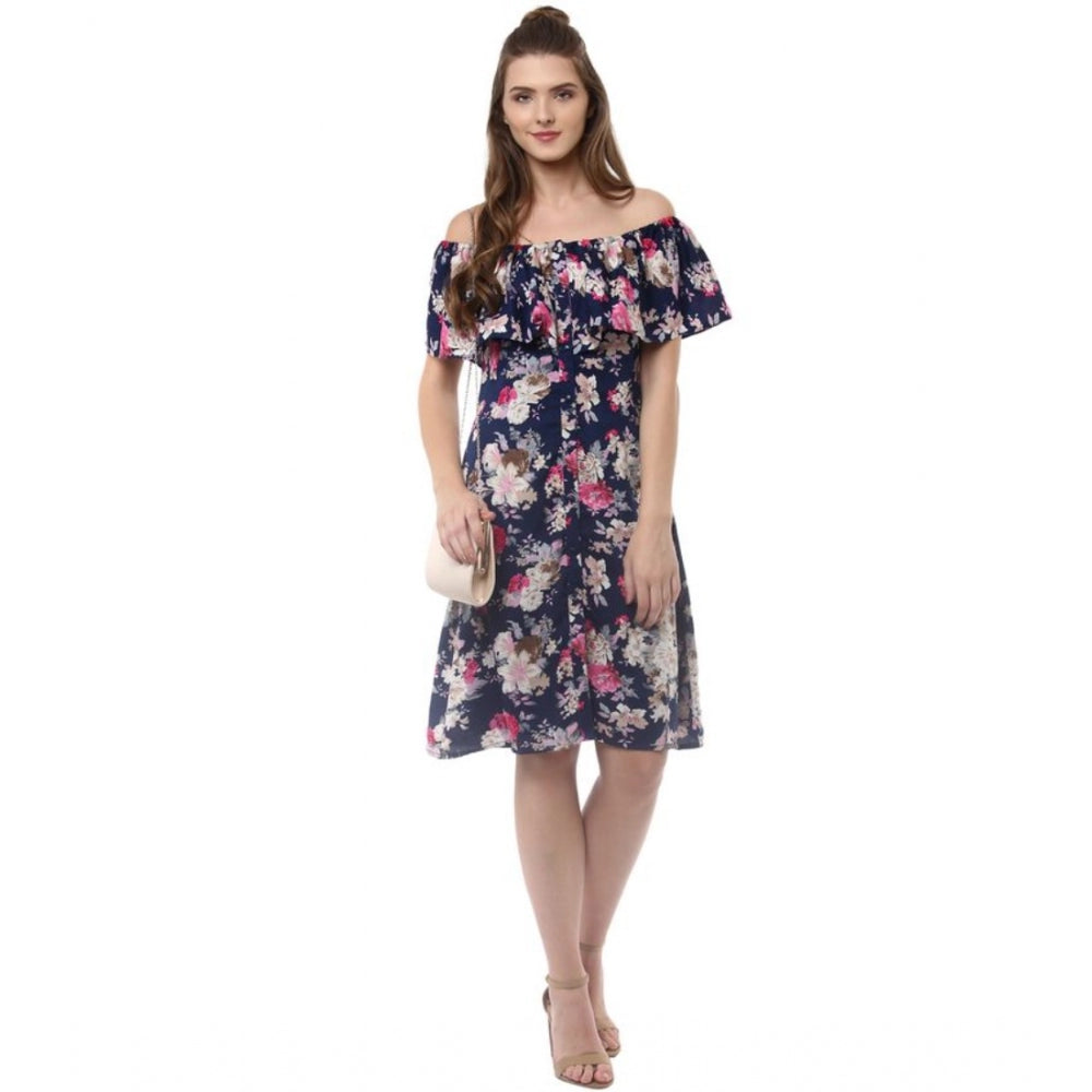 Indoraa Women's Polyester Crepe Floral Half Sleeve Above Knee Dress (Navy Blue)