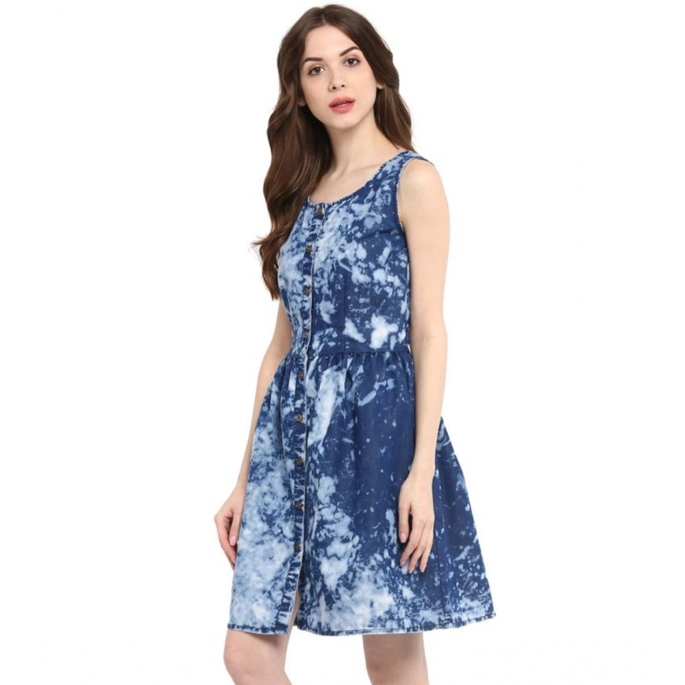 Indoraa Women's Denim Tie & Dye Sleeveless Above Knee Dress (Blue)