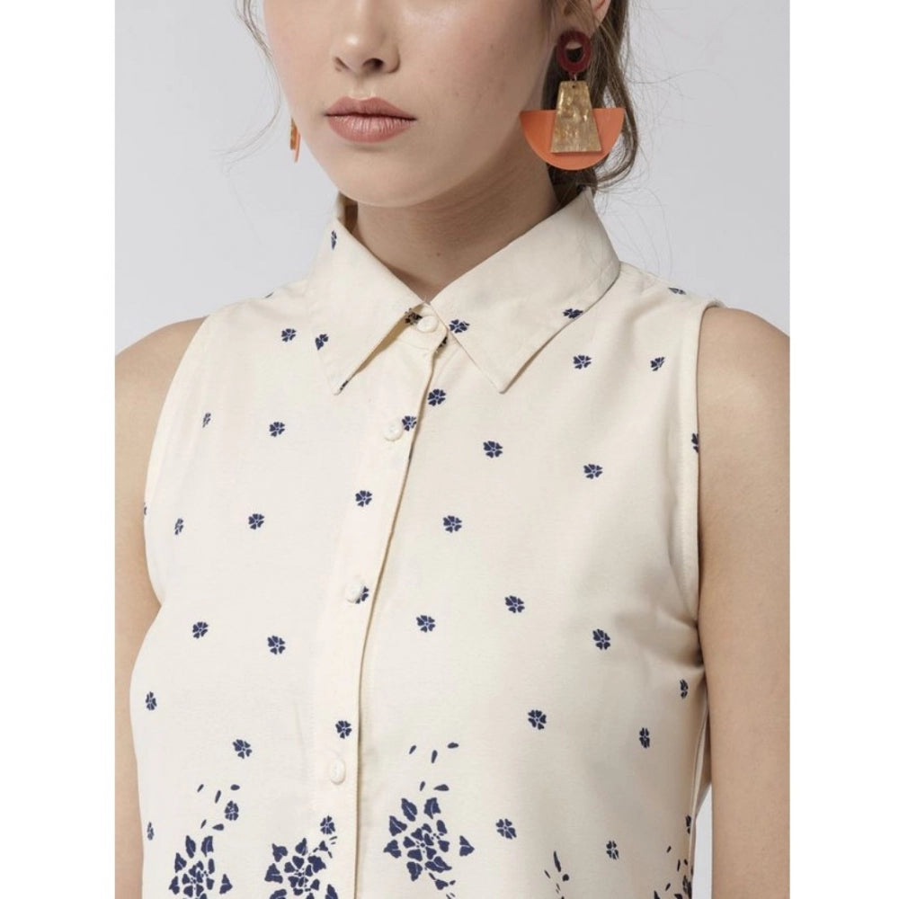 Indoraa Women's Polyester Floral Sleeveless Above Knee Dress (Cream)