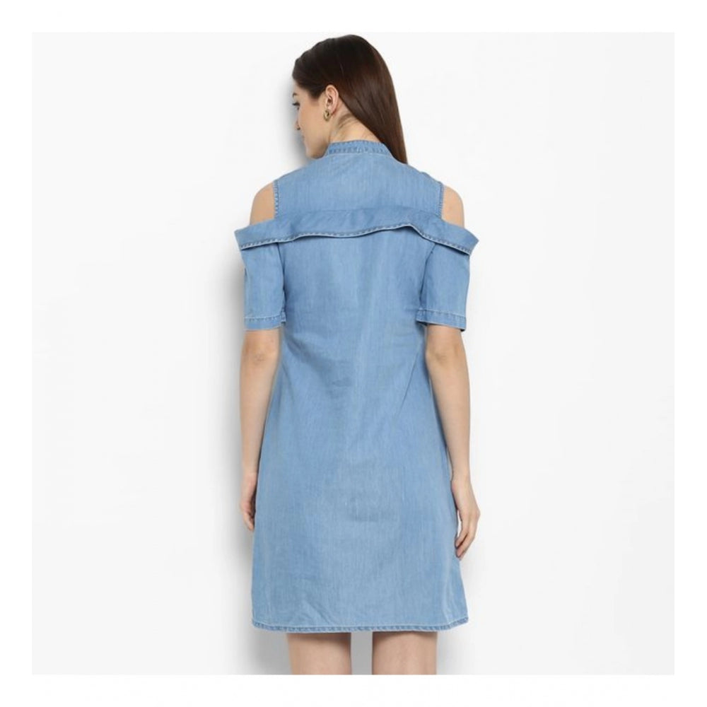 Indoraa Women's Denim Solid Cold Shoulder Above Knee Dress (Blue)