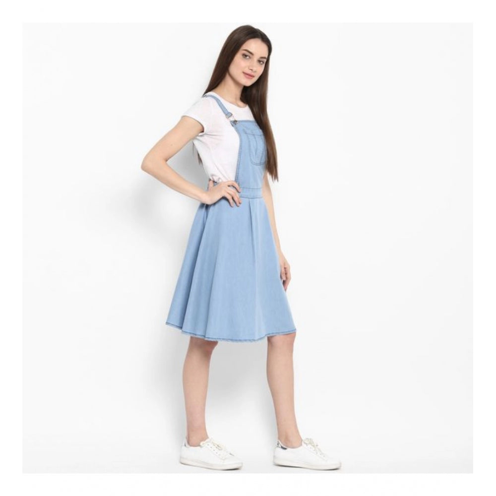 Indoraa Women's Denim Solid Sleeveless Above Knee Dress (Blue)