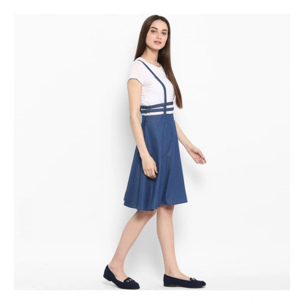 Indoraa Women's Denim Solid Shoulder Straps Below Knee Dress (Blue)
