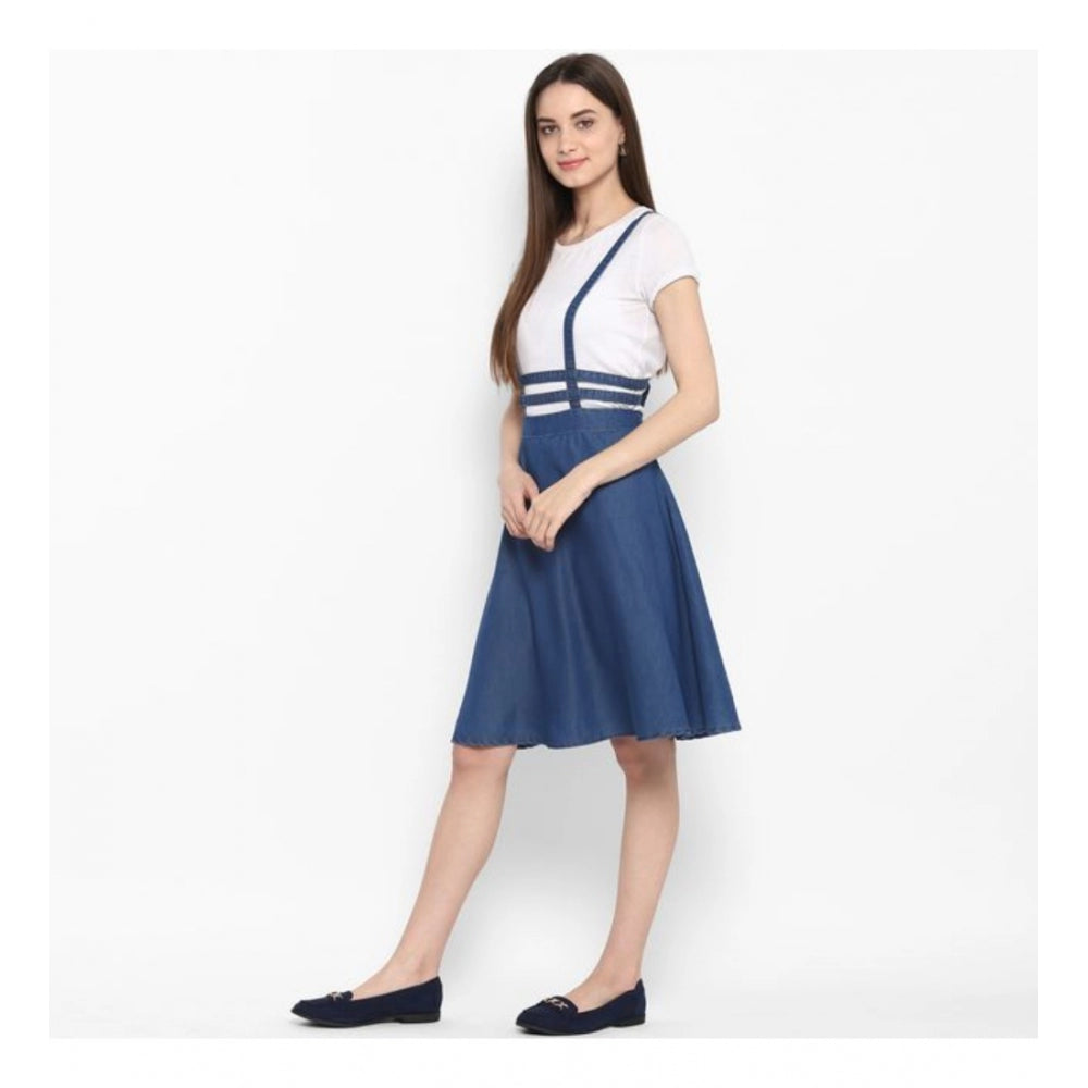 Indoraa Women's Denim Solid Shoulder Straps Below Knee Dress (Blue)