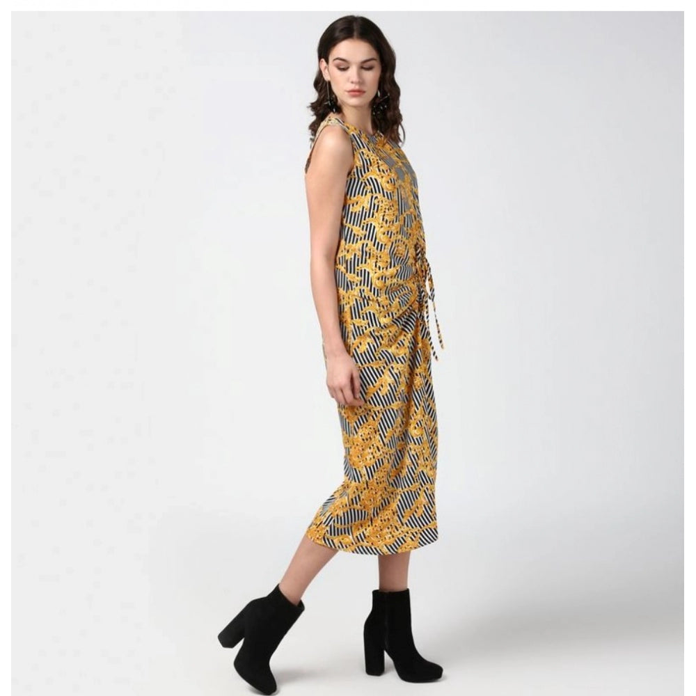 Indoraa Women's Polyester Chain Print Sleeveless Below Knee Dress (Yellow - Black)