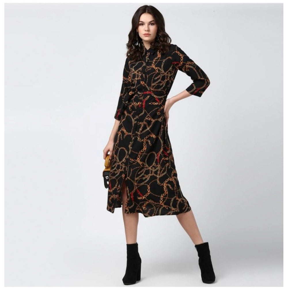 Indoraa Women's Polyester Chain Print Roll Up Sleeve Below Knee Dress (Black - Yellow)