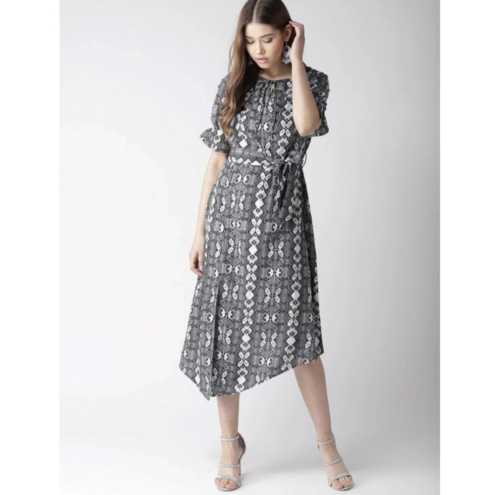 Indoraa Women's Polyester Animal Print Short Sleeve Knee-Length Dress (Black - White)