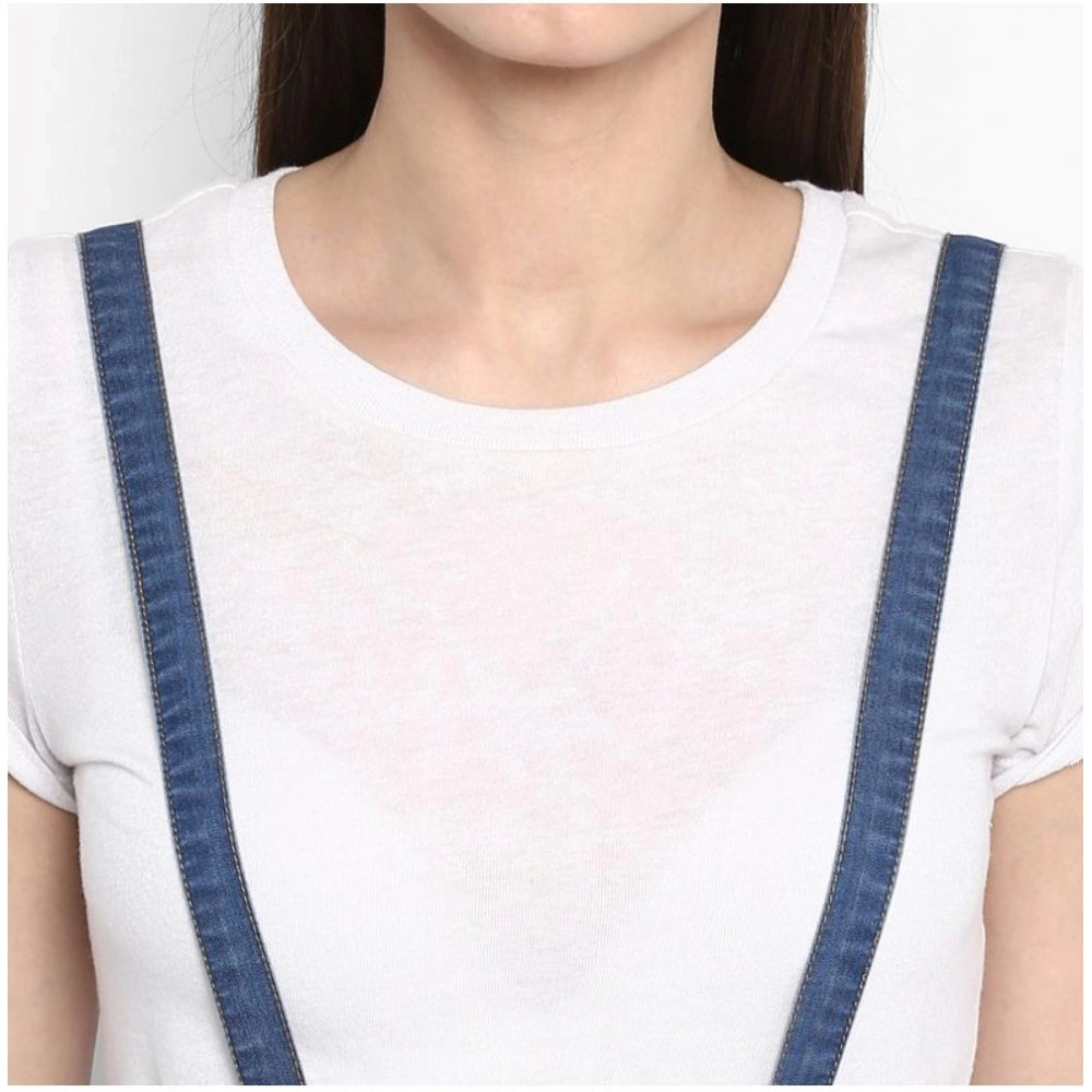 Indoraa Women's Denim Solid Shoulder Straps Below Knee Dress (Blue)