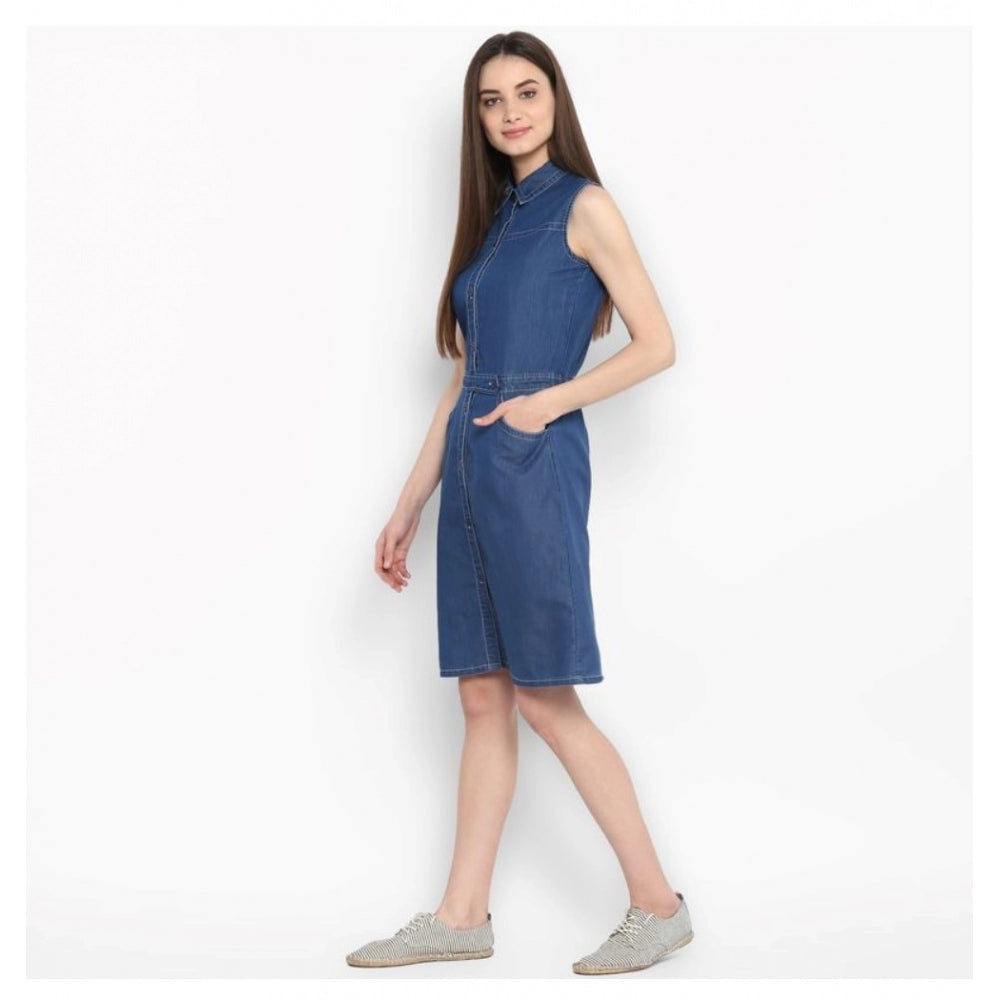 Indoraa Women's Denim Solid Sleeveless Above Knee Dress (Blue)