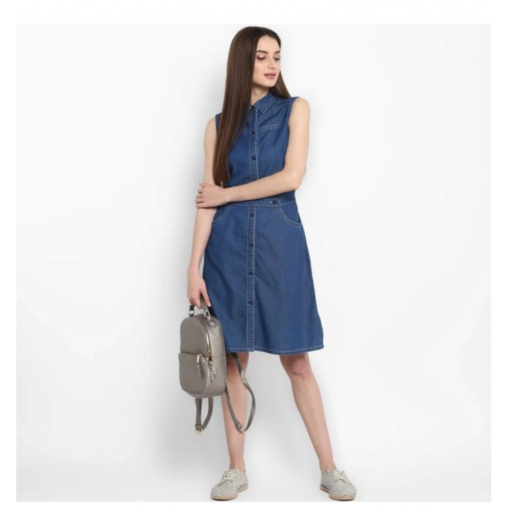 Indoraa Women's Denim Solid Sleeveless Above Knee Dress (Blue)