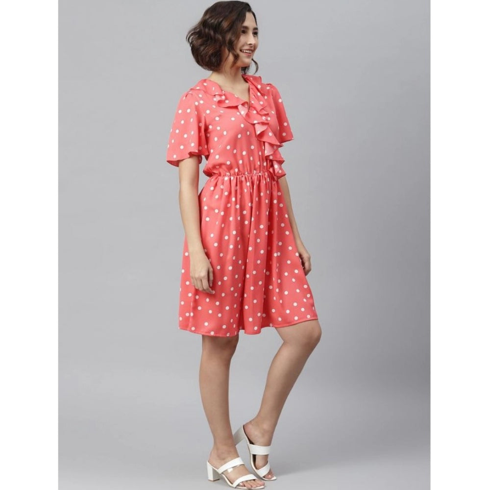 Indoraa Women's Polyester Polka Flutter Above Knee Dress (Coral)