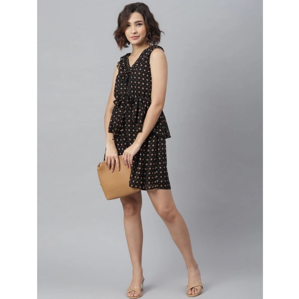 Indoraa Women's Polyester Peplum Sleeveless Above Knee Dress (Black)