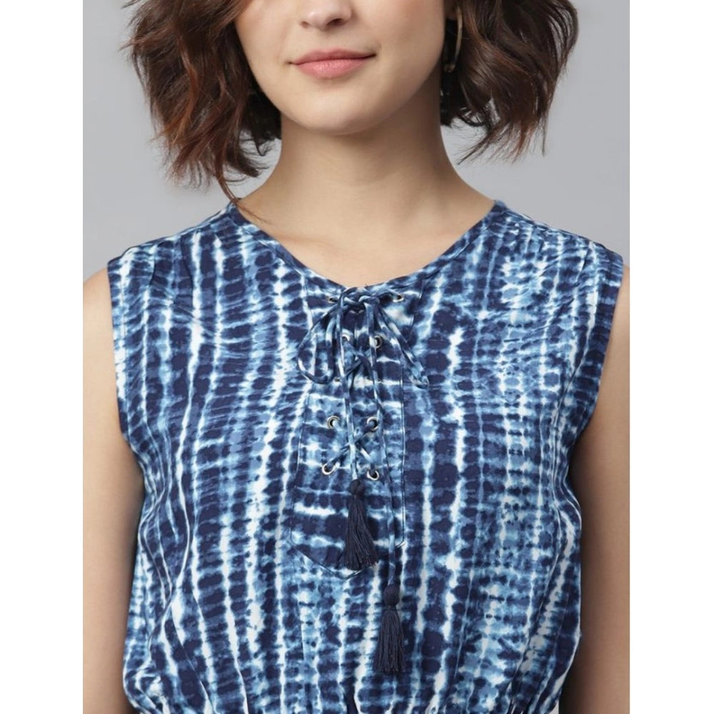 Indoraa Women's Rayon Tie & Dye Sleeveless Above Knee Dress (Blue)