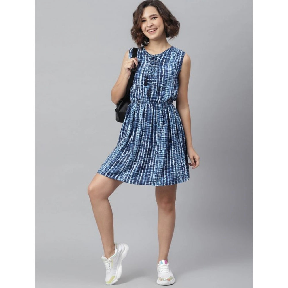 Indoraa Women's Rayon Tie & Dye Sleeveless Above Knee Dress (Blue)