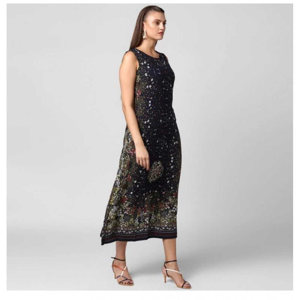 Indoraa Women's Rayon Floral Sleeveless Calf-length Dress (Black)