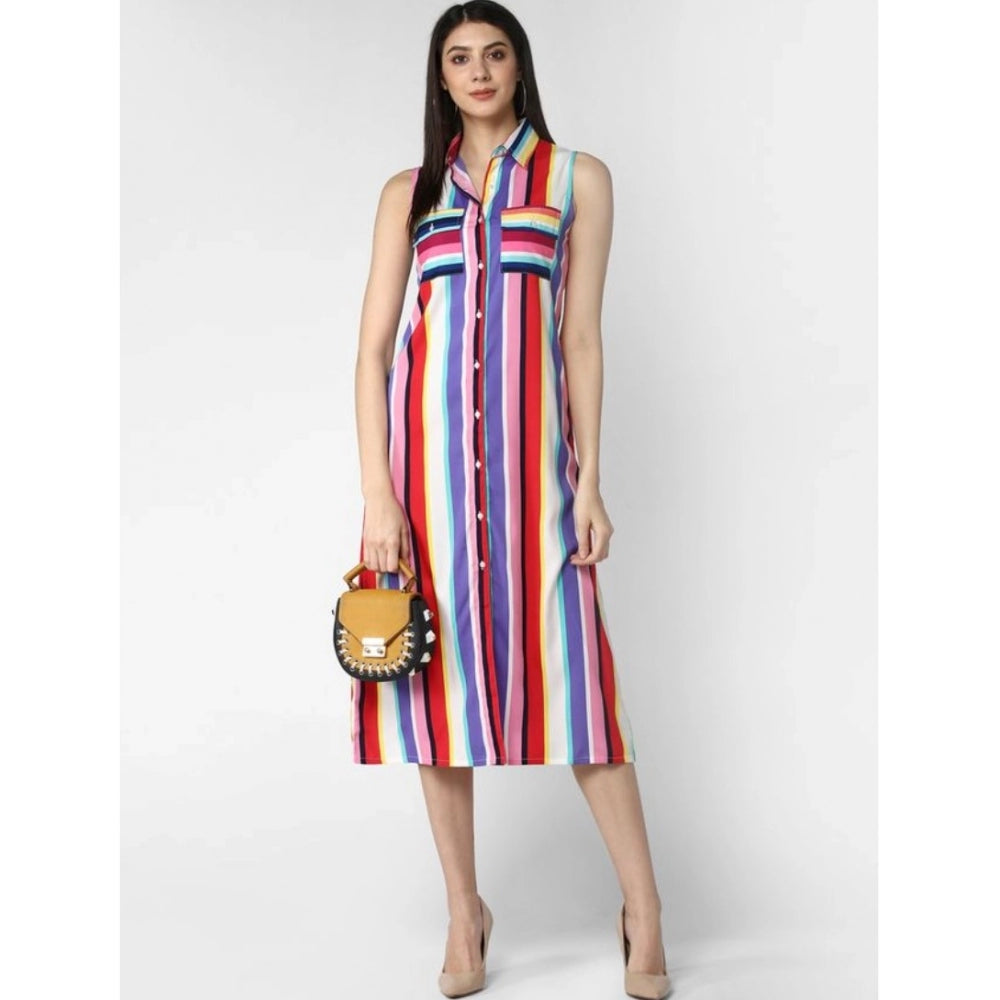 Indoraa Women's Polyester Striped Sleeveless Calf-length Dress (Multicolor)