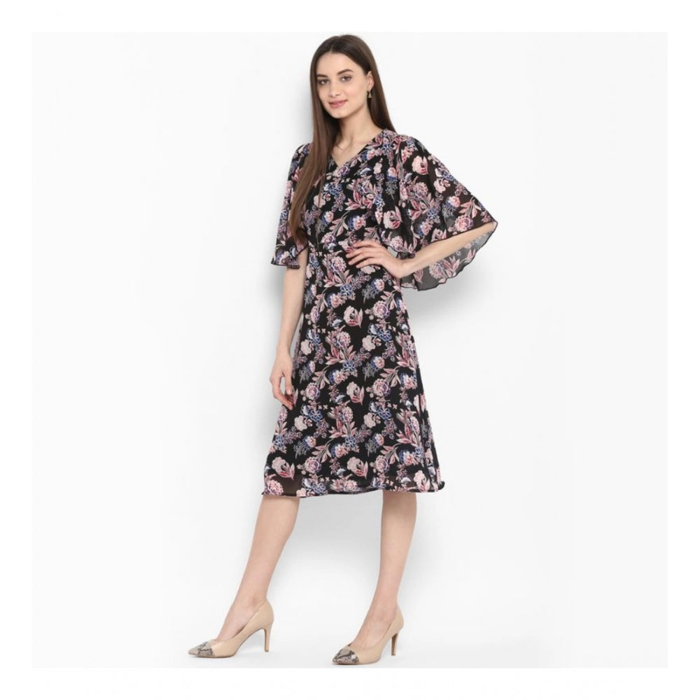 Indoraa Women's Polyester Floral Short Sleeve Knee-Length Dress (Black - Multicolor)