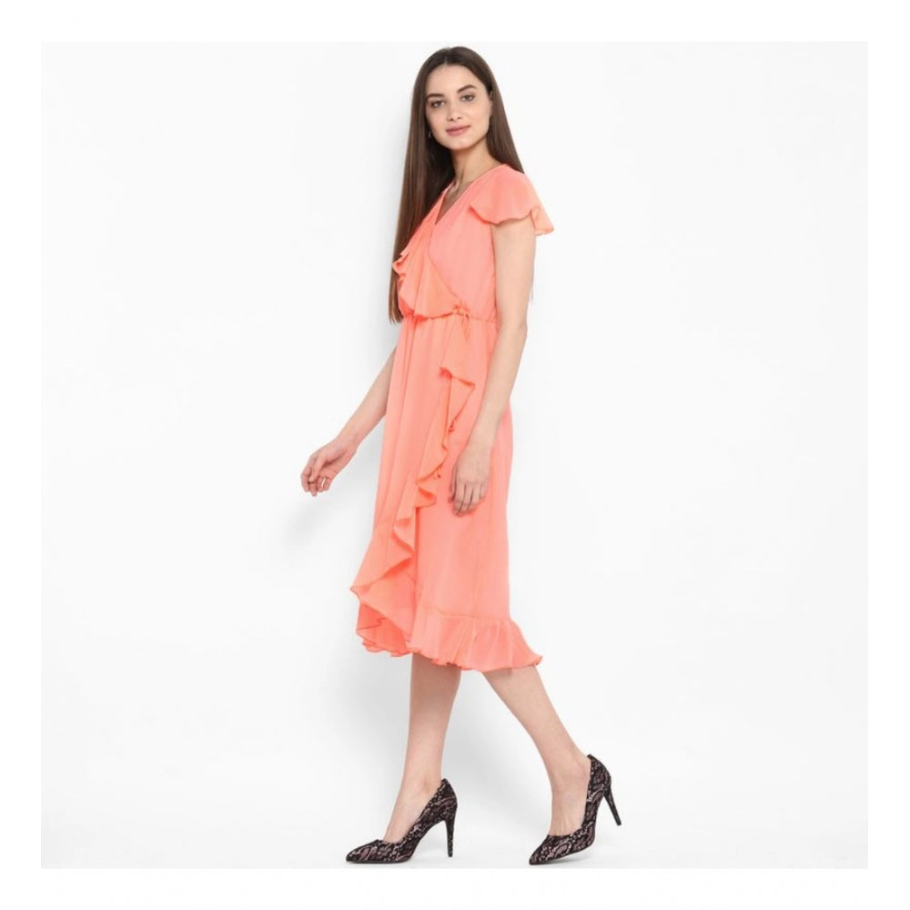 Indoraa Women's Polyester Ruffled Cap Sleeve Below Knee Dress (Neon Pink)