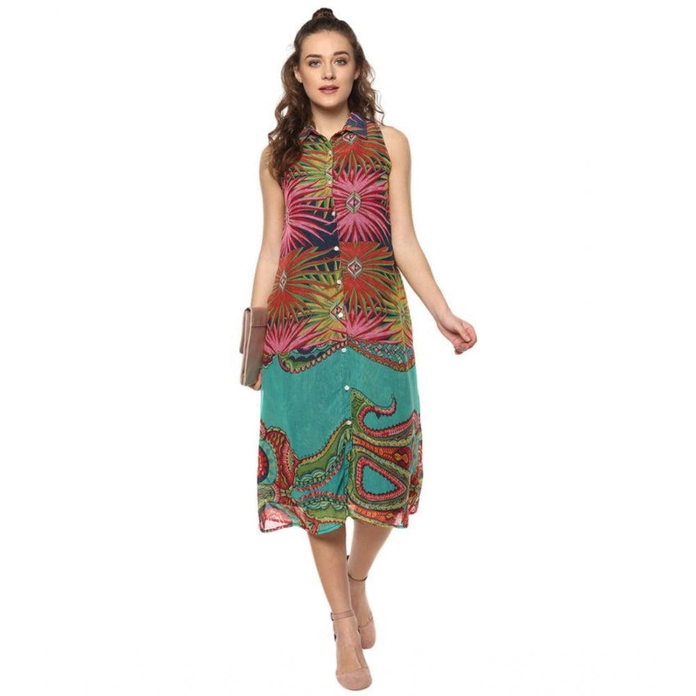 Indoraa Women's Polyester Floral Sleeveless Below Knee Dress (Multicolor)