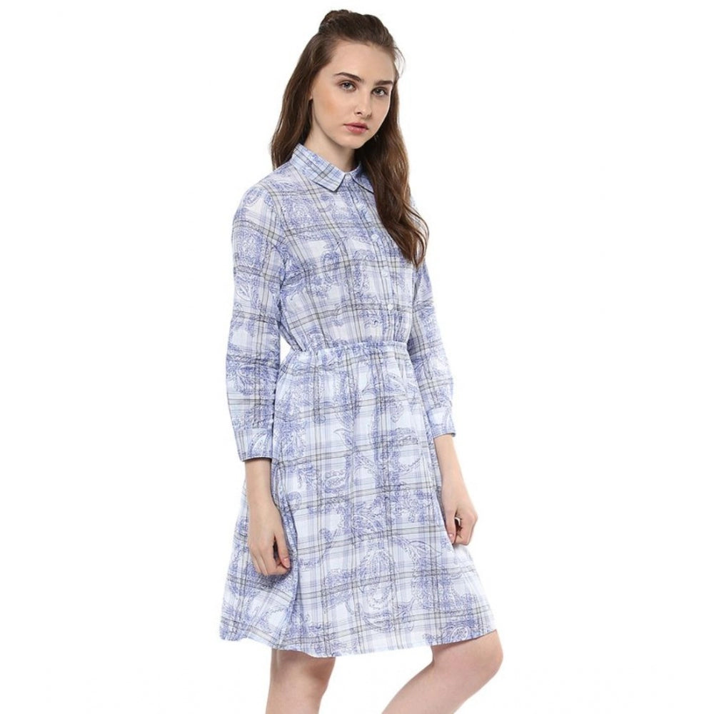 Indoraa Women's Cotton Checkered Roll Up Sleeve Above Knee Dress (Blue)