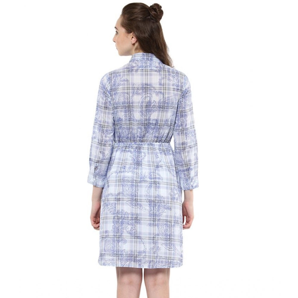 Indoraa Women's Cotton Checkered Roll Up Sleeve Above Knee Dress (Blue)