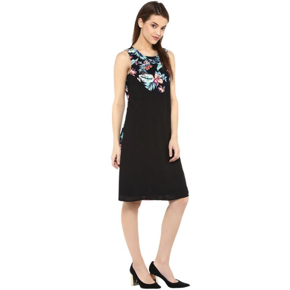 Indoraa Women's Polyester Printed Sleeveless Above Knee Dress (Black - Multicolor)