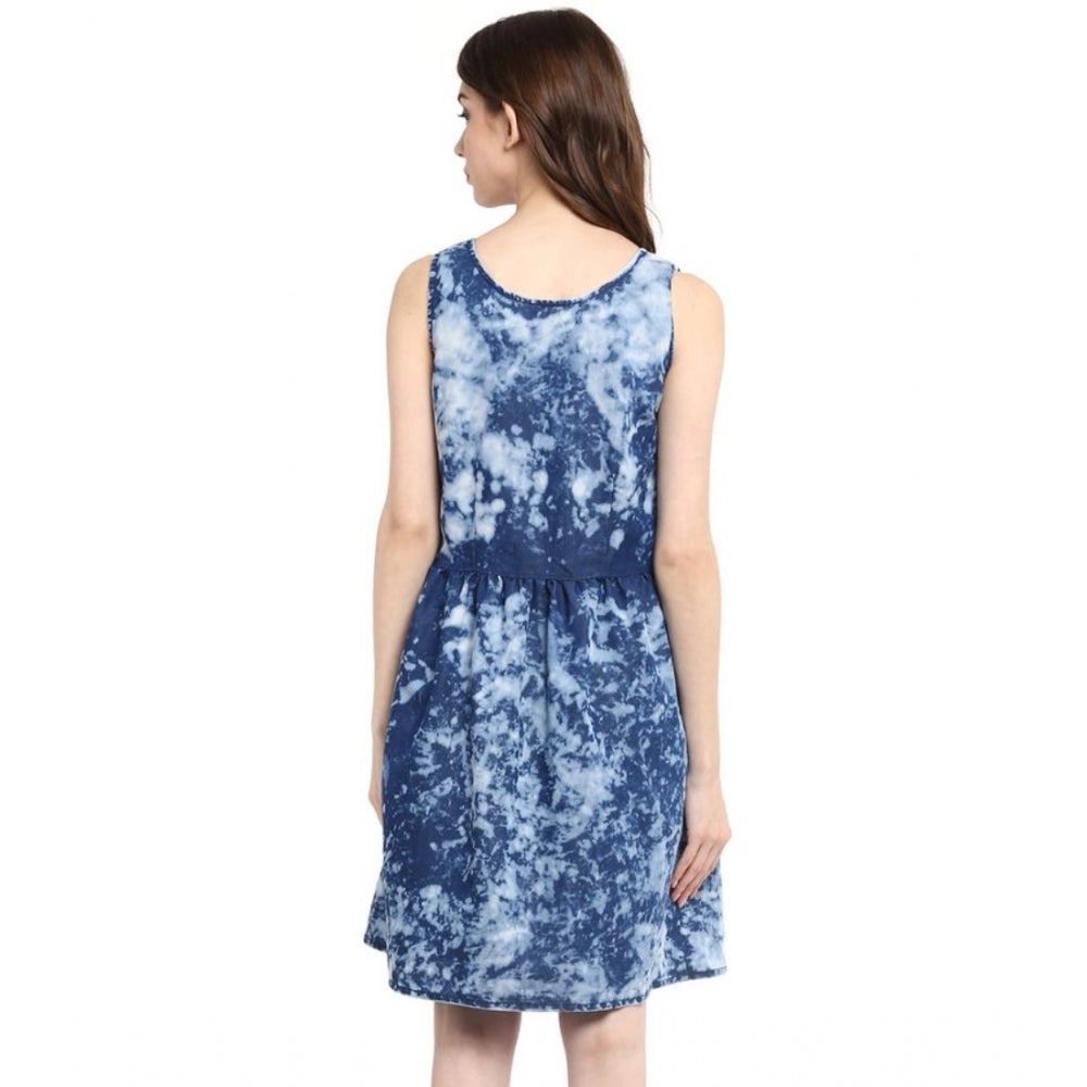Indoraa Women's Denim Tie & Dye Sleeveless Above Knee Dress (Blue)