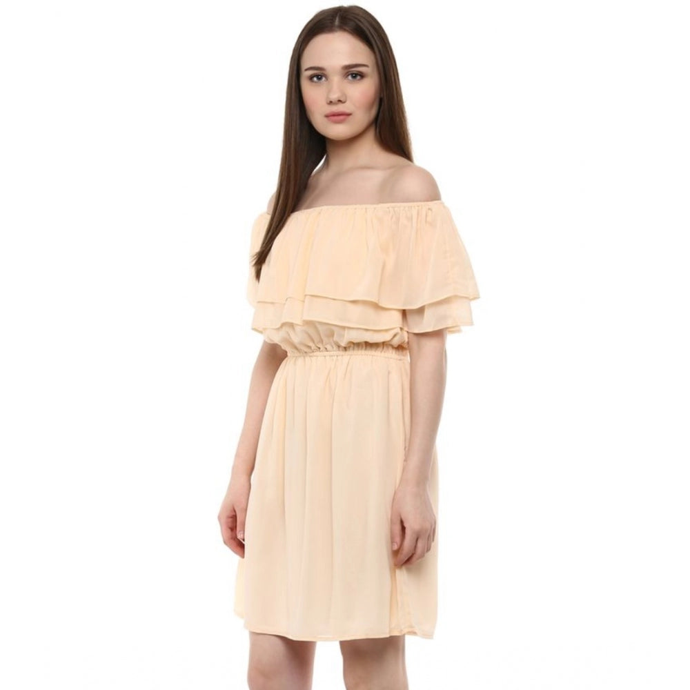 Indoraa Women's Polyester Solid Sleeveless Knee-Length Dress (Beige)