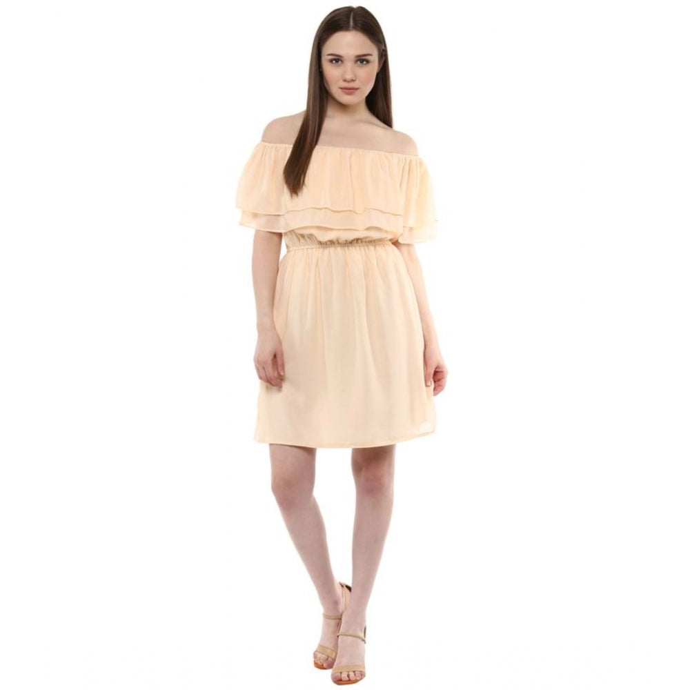 Indoraa Women's Polyester Solid Sleeveless Knee-Length Dress (Beige)