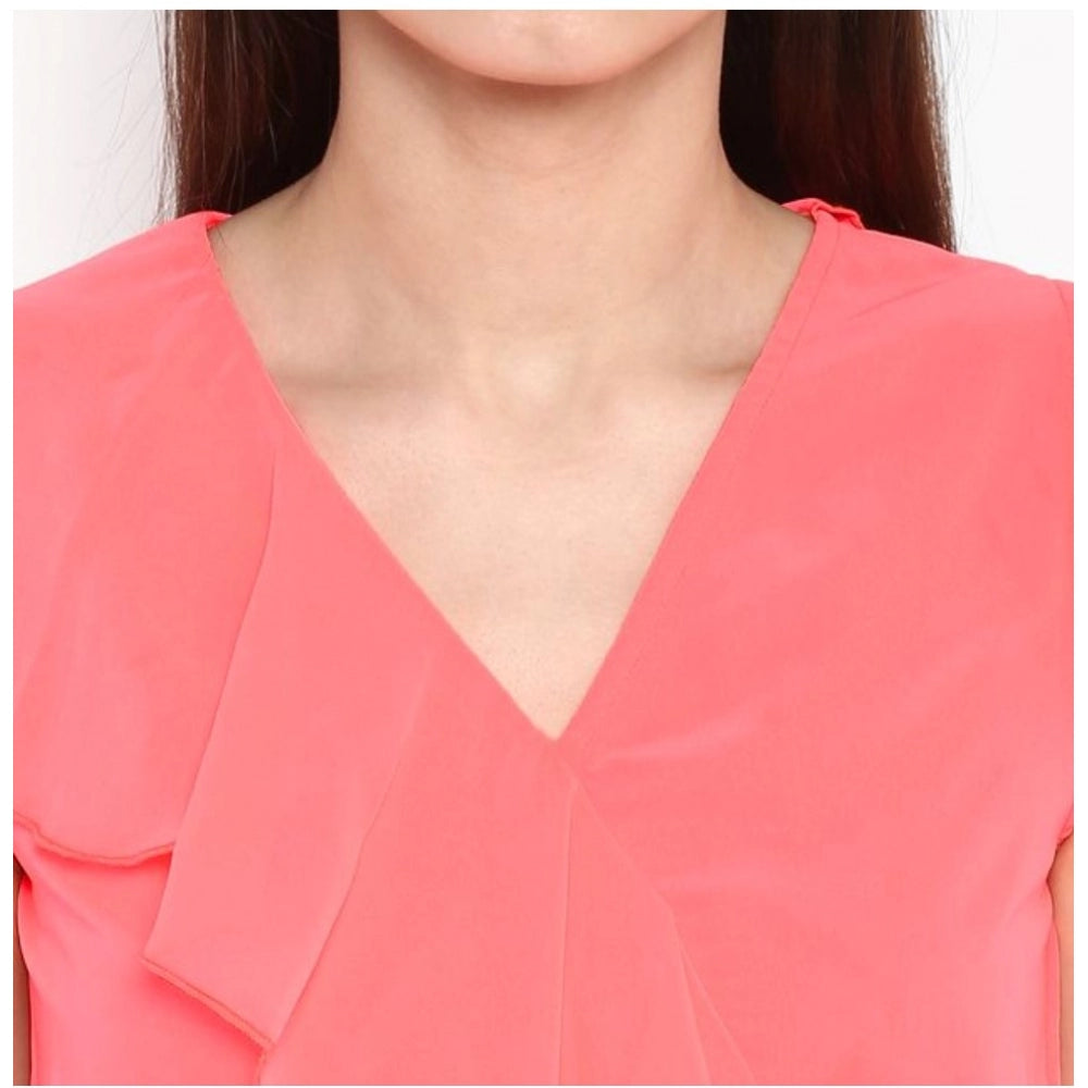 Indoraa Women's Polyester Ruffled Cap Sleeve Below Knee Dress (Coral Pink)