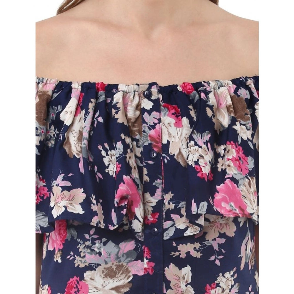 Indoraa Women's Polyester Crepe Floral Half Sleeve Above Knee Dress (Navy Blue)