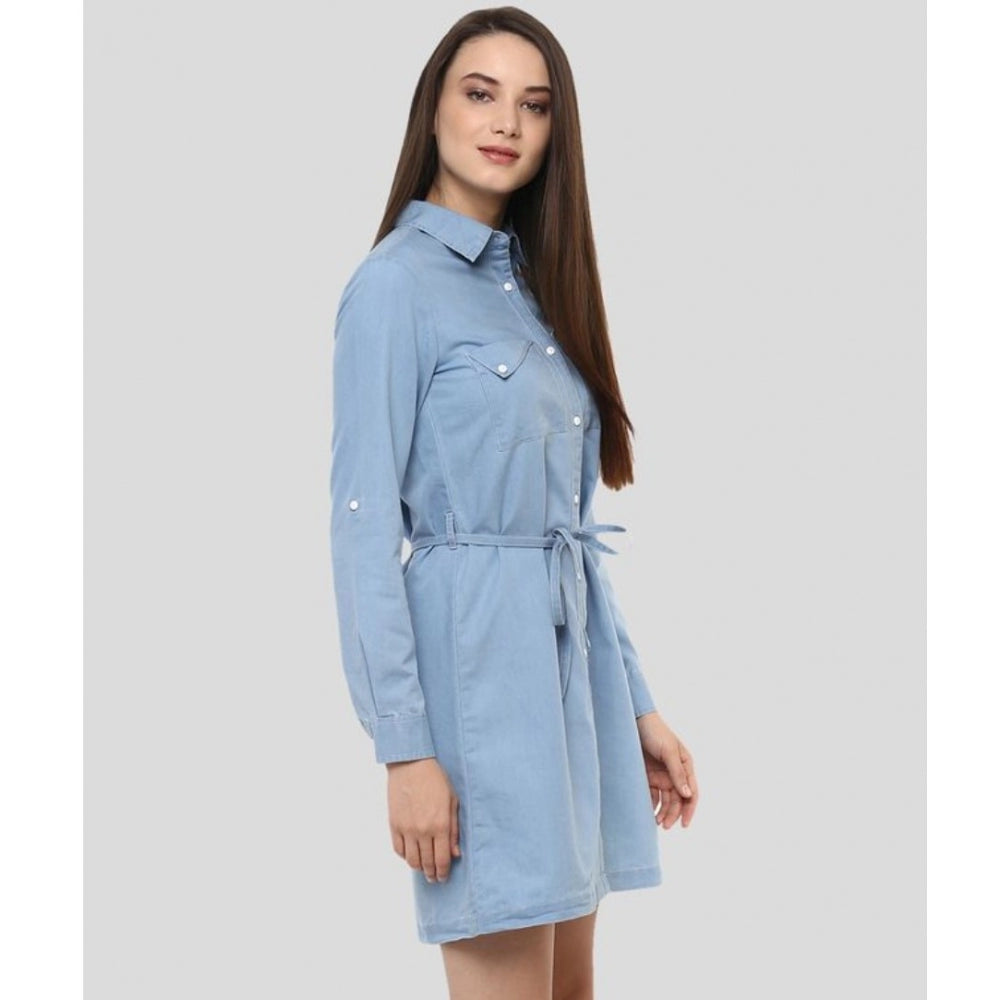 Indoraa Women's Denim Solid Long Sleeves Above Knee Dress (Blue)
