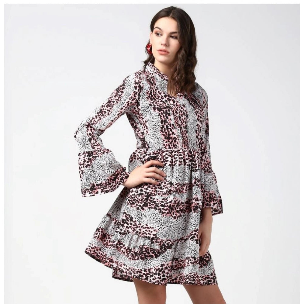 Indoraa Women's Polyester Animal Print Bell Sleeve Above Knee Dress (Pink - Black)