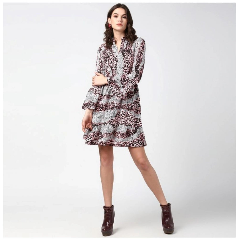 Indoraa Women's Polyester Animal Print Bell Sleeve Above Knee Dress (Pink - Black)