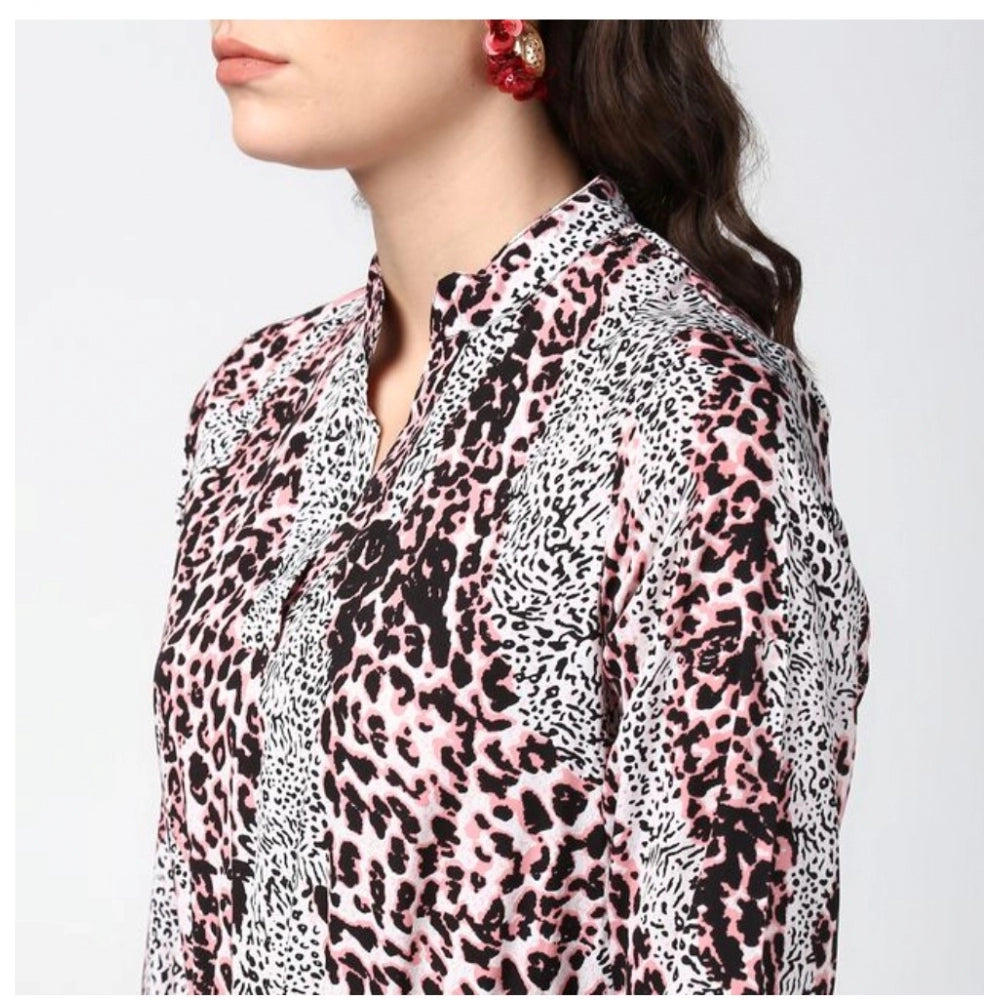 Indoraa Women's Polyester Animal Print Bell Sleeve Above Knee Dress (Pink - Black)