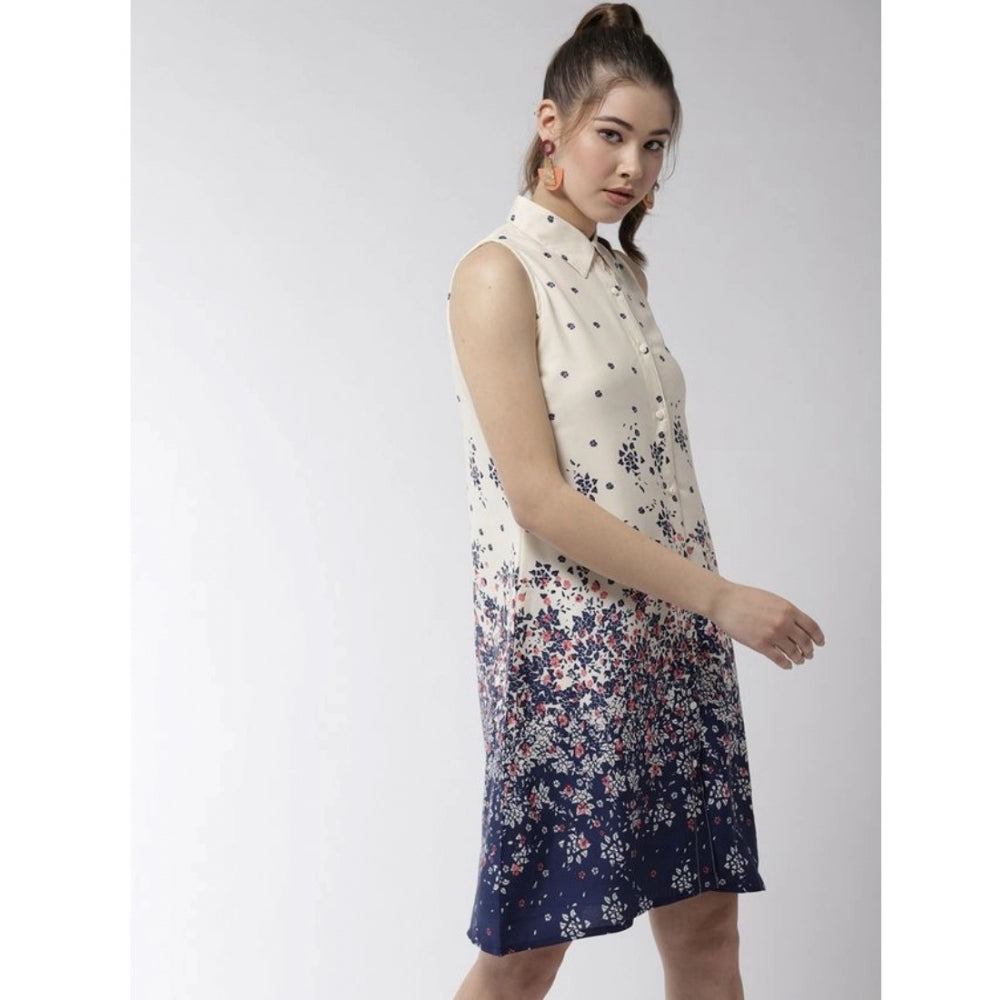 Indoraa Women's Polyester Floral Sleeveless Above Knee Dress (Cream)