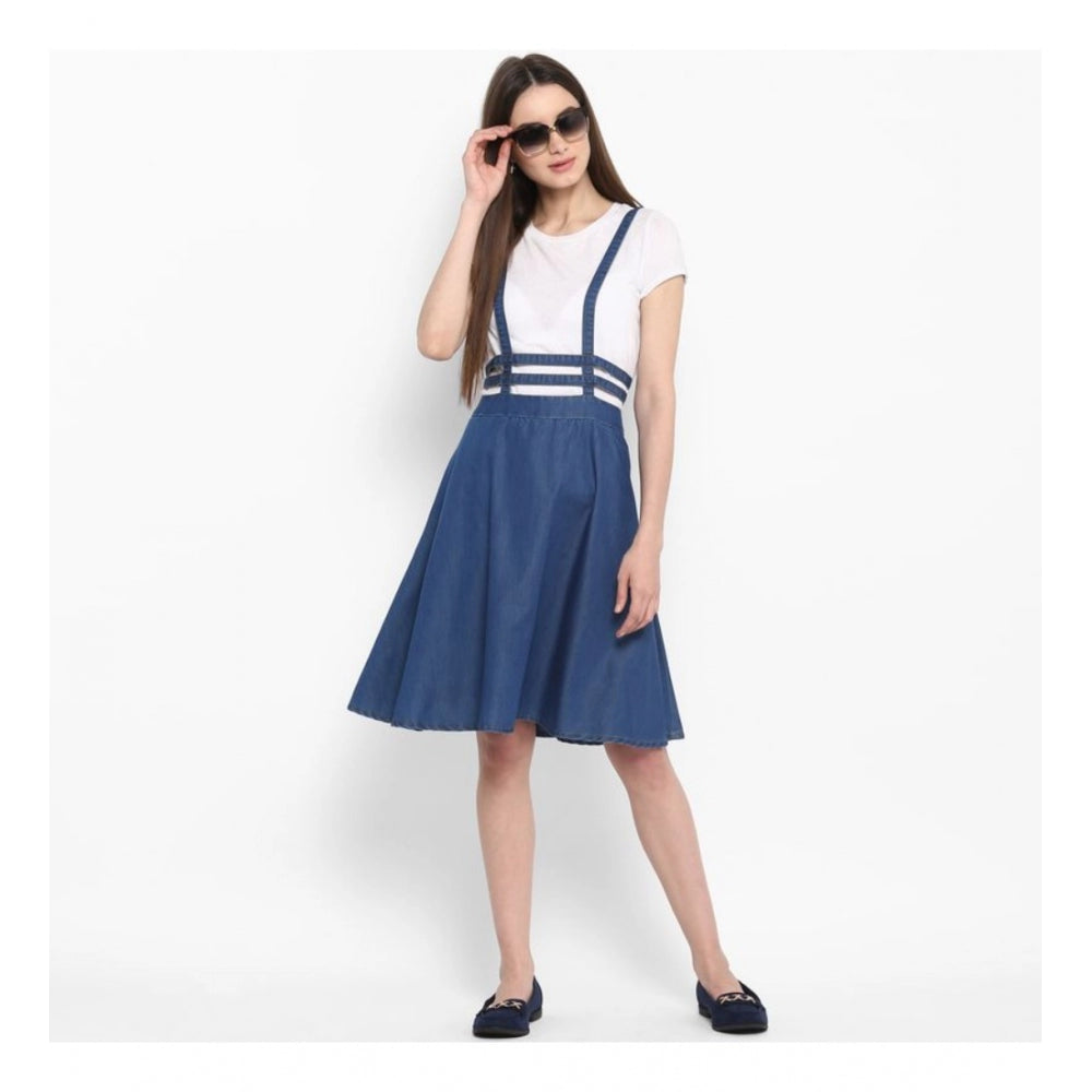 Indoraa Women's Denim Solid Shoulder Straps Below Knee Dress (Blue)