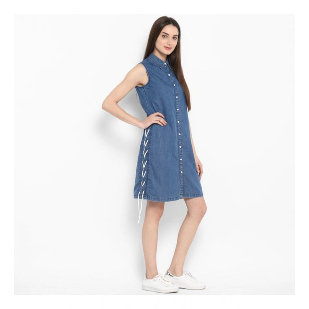Indoraa Women's Denim Solid Sleeveless Above Knee Dress (Blue)